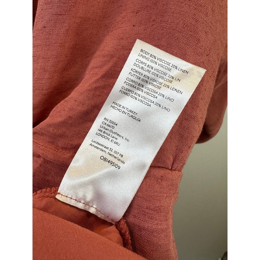 Anthropologie Tie-Front Wrap Mini Dress Size 8 Rust Viscose Linen 3/4 Sleeves - Picture 9 of 16